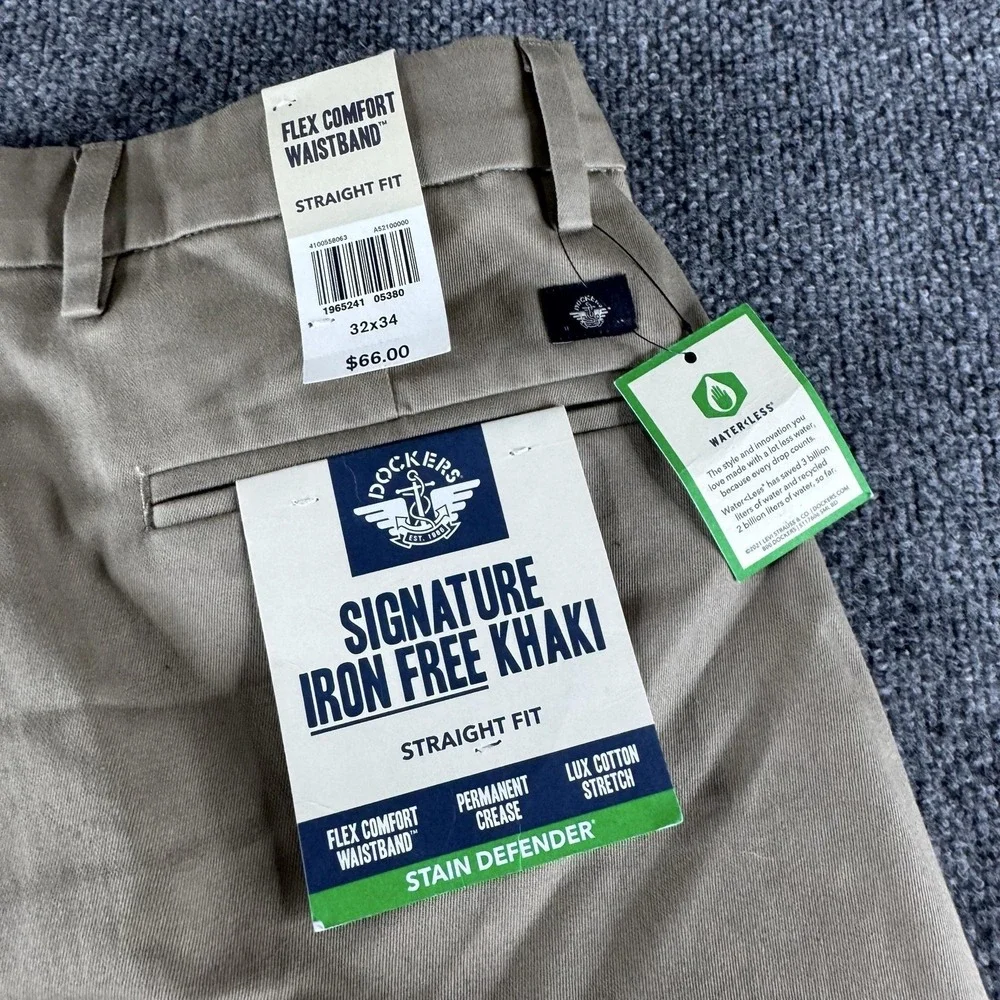 Dockers Pants Mens 32x34 Beige Signature Iron Free Straight Khaki Stretch NWT